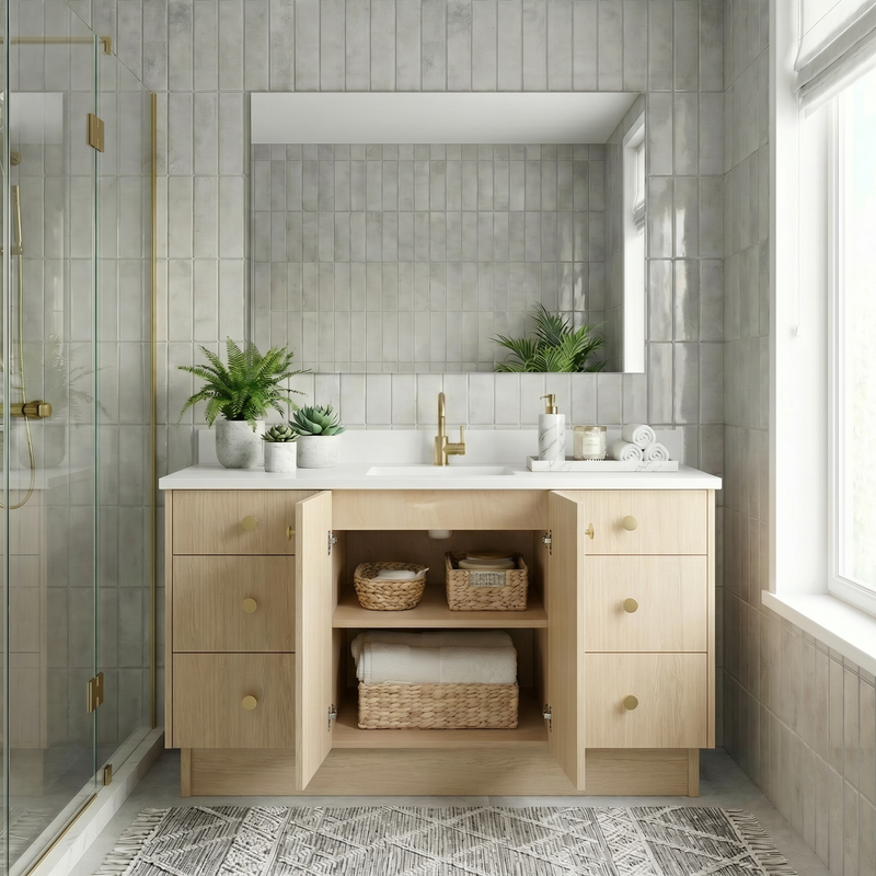 60" Milk Oak European Vanity with Quartz Top – Single Sink