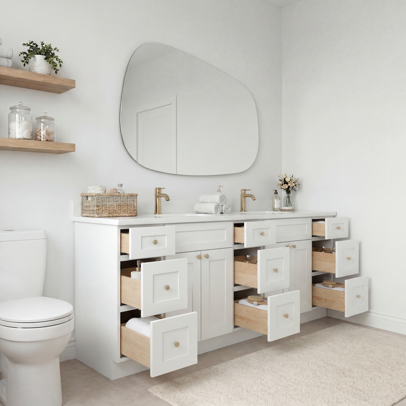 84" White Shaker Bathroom Vanity with Quartz Top – Double Sink