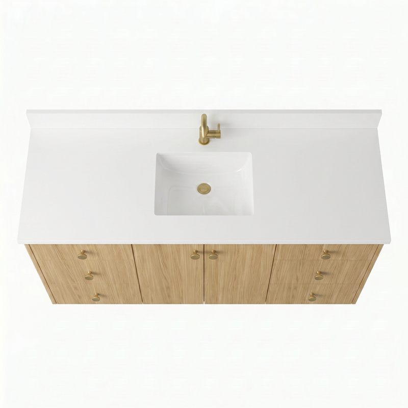 60" Natural Oak European Vanity with Quartz Top – Single Sink