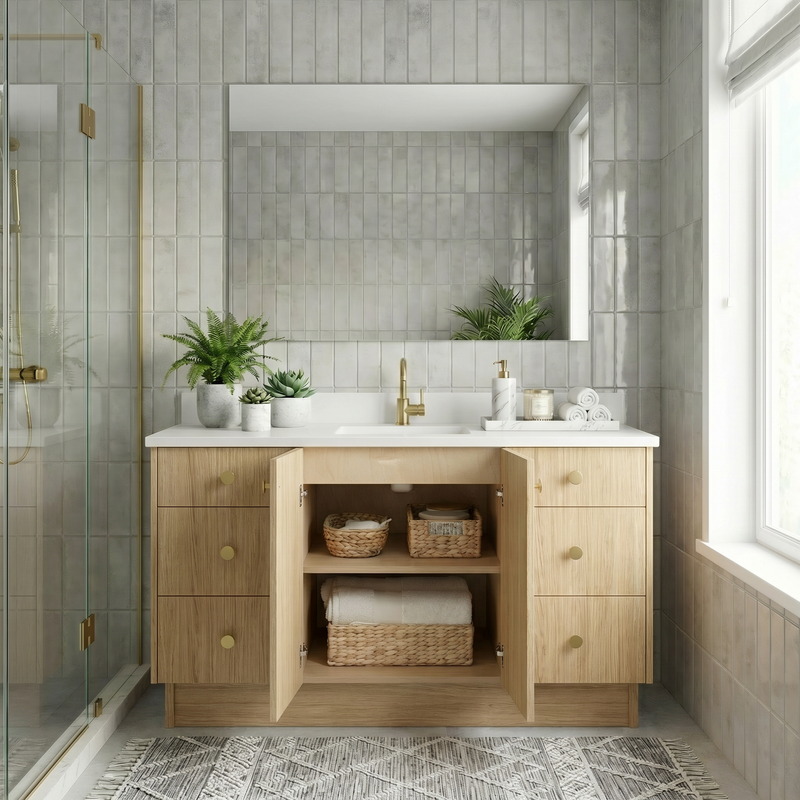 60" Natural Oak European Vanity with Quartz Top – Single Sink