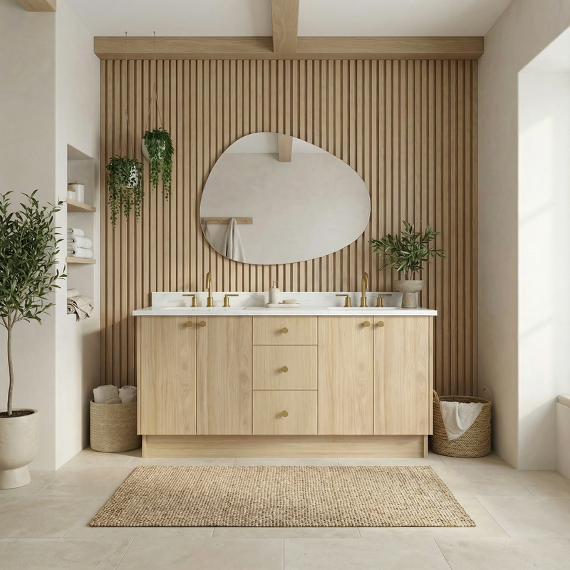 72" Milk Oak European Vanity with Quartz Top – Double Sink