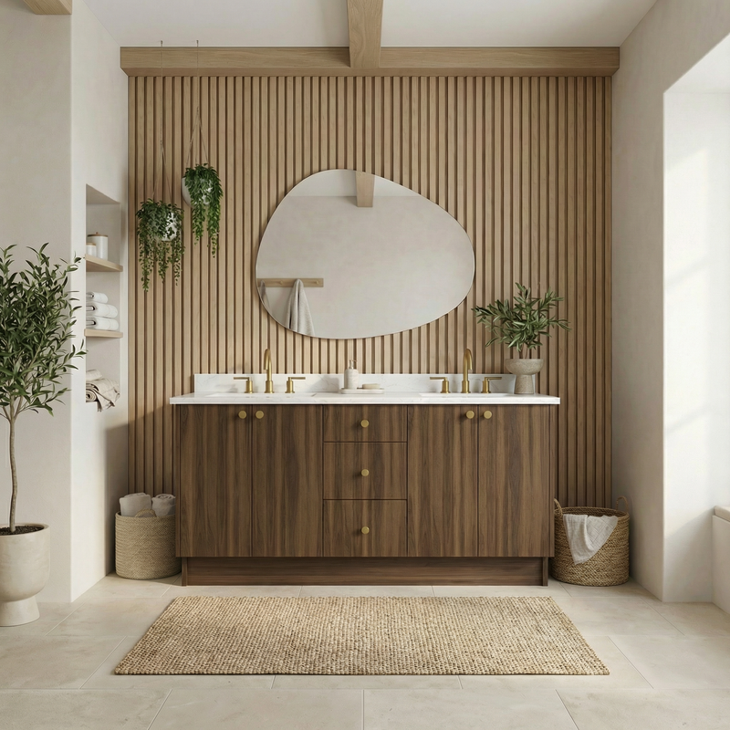 72" Smoked Walnut European Vanity with Quartz Top – Double Sink