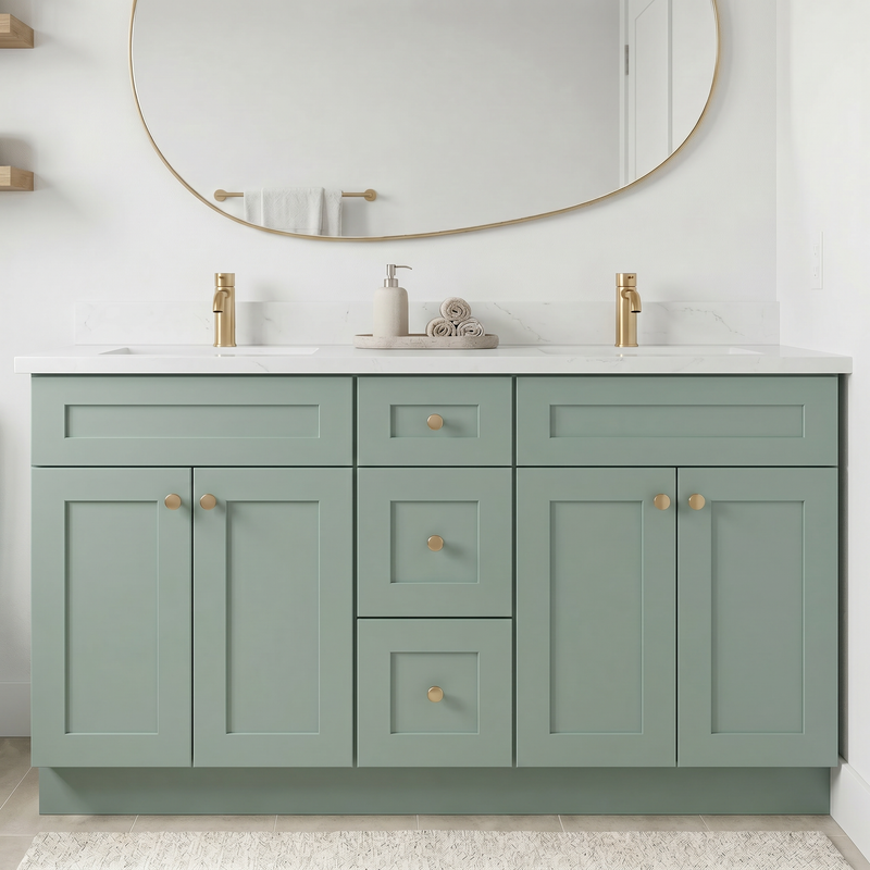 60" Olive Green Shaker Bathroom Vanity with Quartz Top – Double Sink
