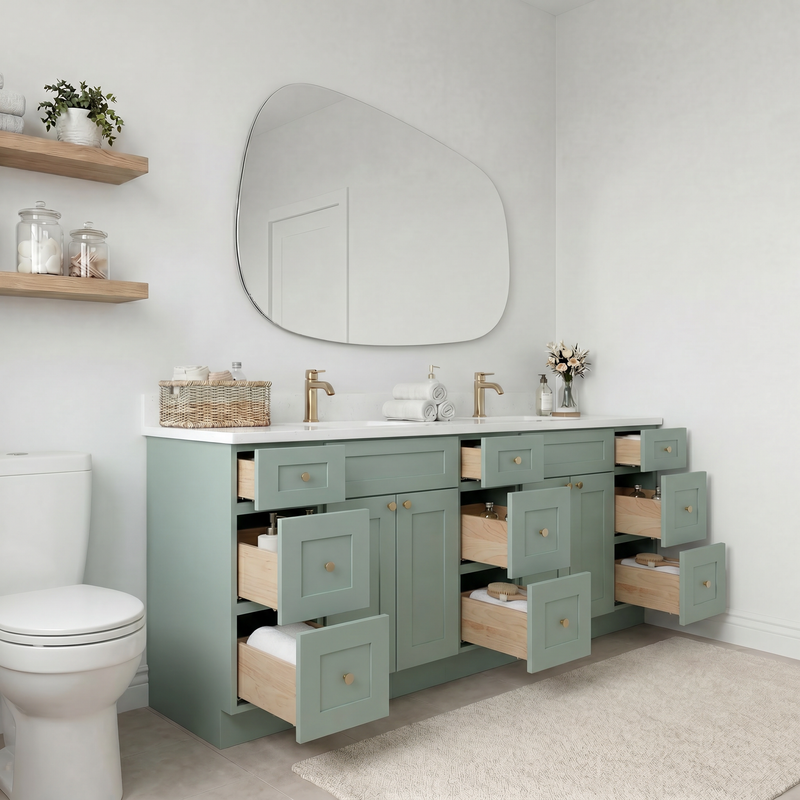 84" Olive Green Shaker Bathroom Vanity with Quartz Top – Double Sink