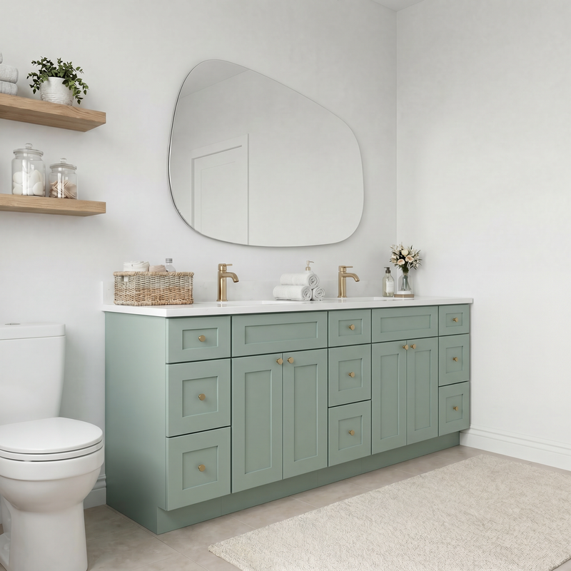 84" Olive Green Shaker Bathroom Vanity with Quartz Top – Double Sink