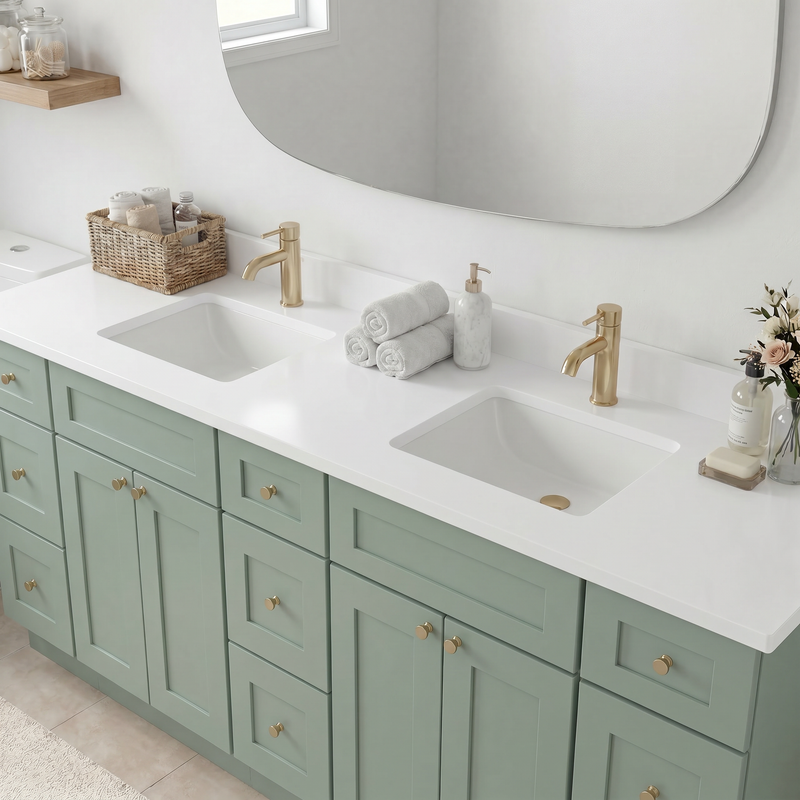 84" Olive Green Shaker Bathroom Vanity with Quartz Top – Double Sink