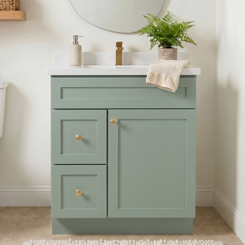 30" Olive Green Shaker Bathroom Vanity with Quartz Top – Single Sink