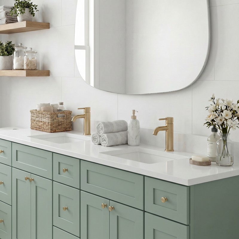 84" Olive Green Shaker Bathroom Vanity with Quartz Top – Double Sink