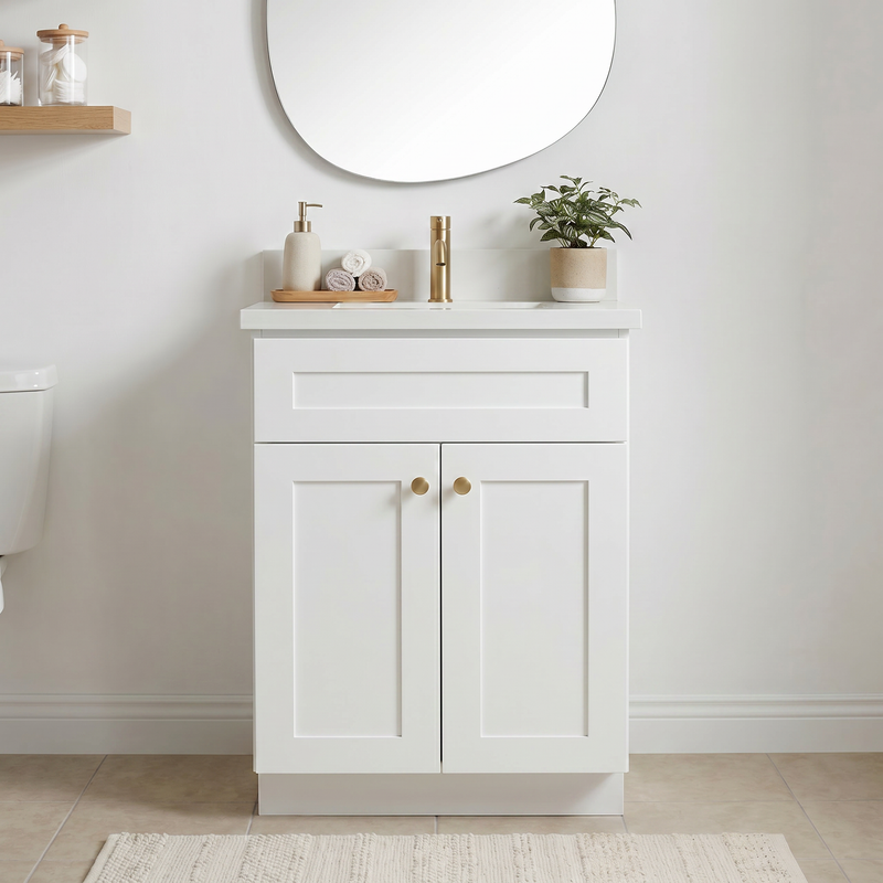 24" White Shaker Bathroom Vanity with Quartz Top – Single Sink