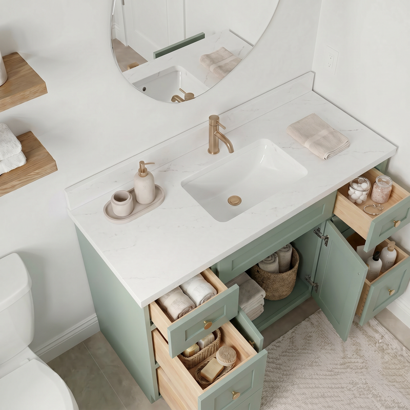 48" Olive Green Shaker Bathroom Vanity with Quartz Top – Single Sink