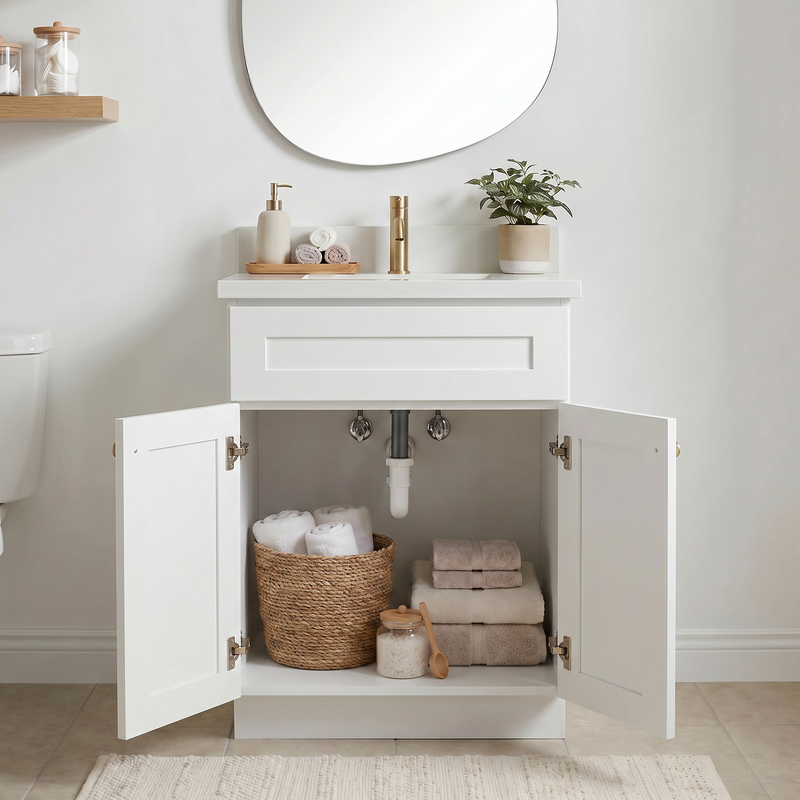 24" White Shaker Bathroom Vanity with Quartz Top – Single Sink