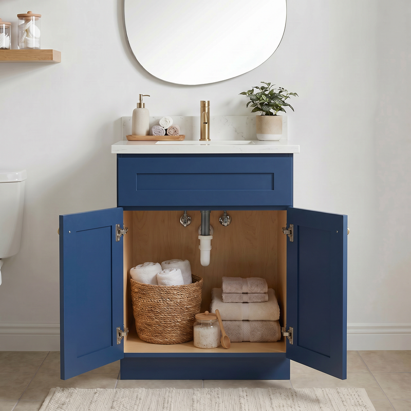 24" Navy Blue Shaker Bathroom Vanity with Quartz Top – Single Sink