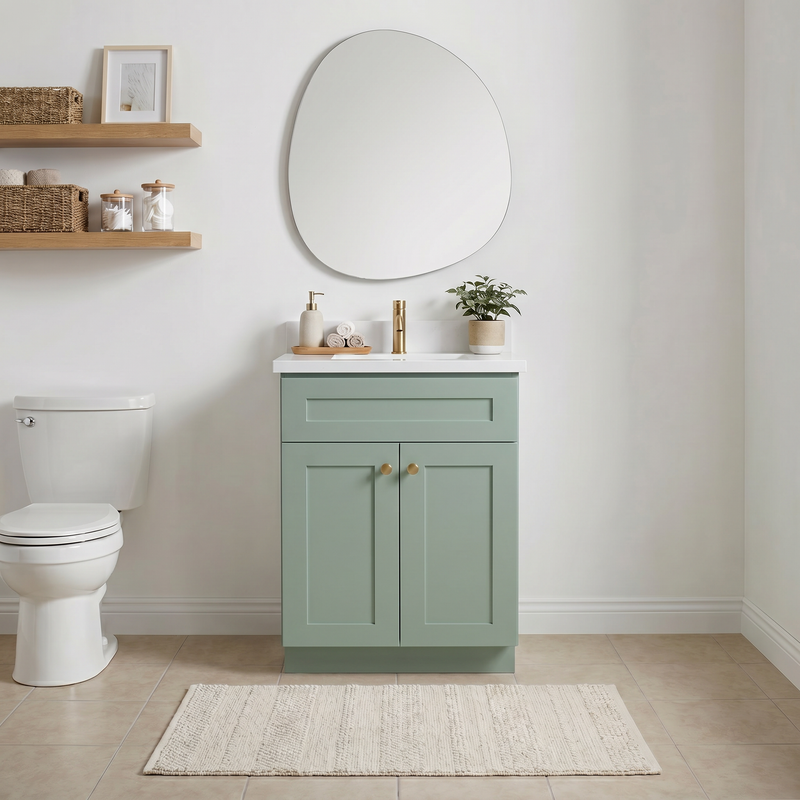 24" Olive Green Shaker Bathroom Vanity with Quartz Top – Single Sink