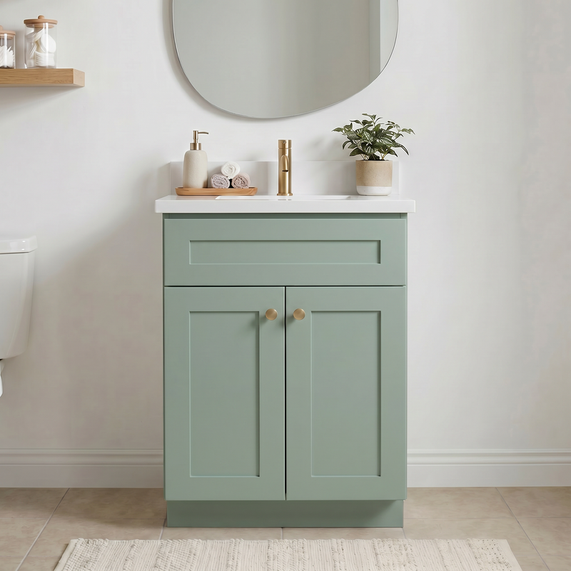 24" Olive Green Shaker Bathroom Vanity with Quartz Top – Single Sink