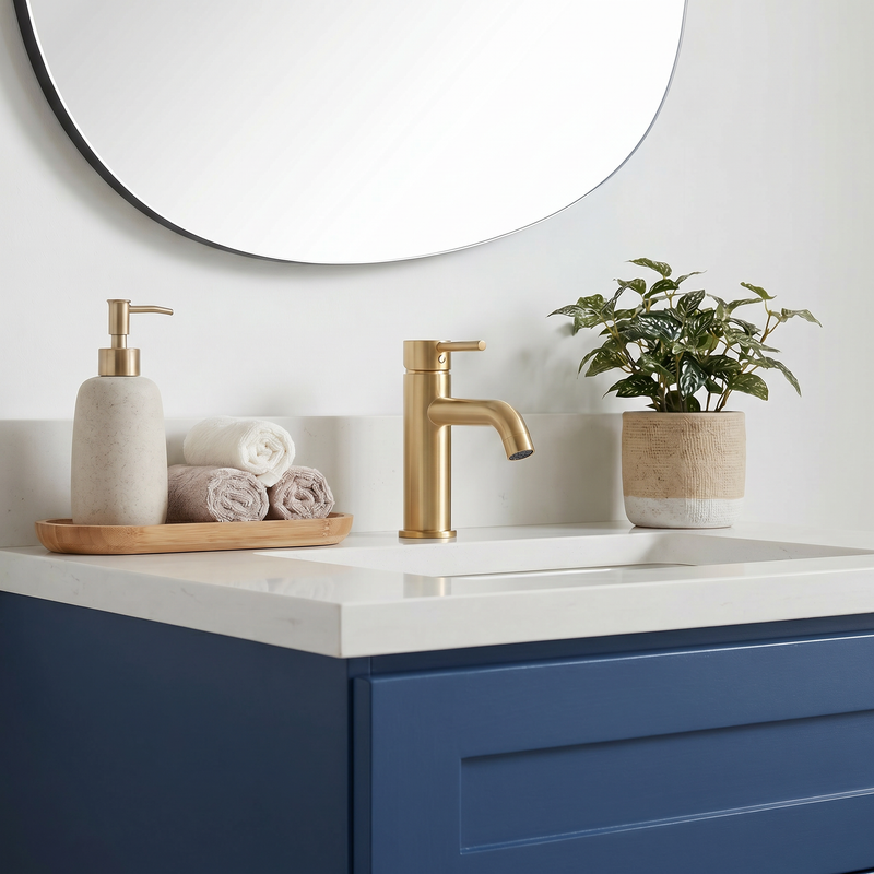24" Navy Blue Shaker Bathroom Vanity with Quartz Top – Single Sink