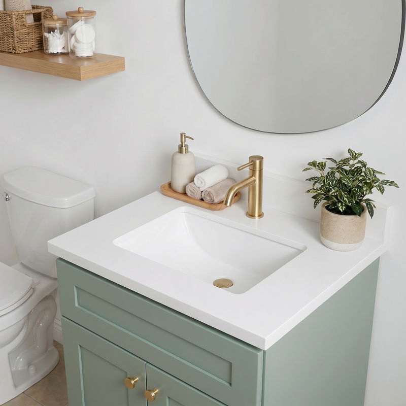 24" Olive Green Shaker Bathroom Vanity with Quartz Top – Single Sink
