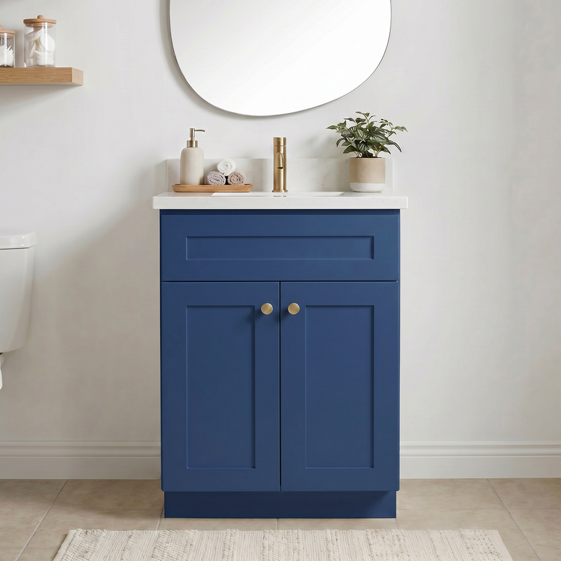 24" Navy Blue Shaker Bathroom Vanity with Quartz Top – Single Sink