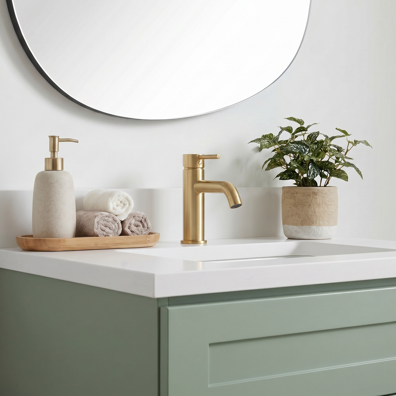 24" Olive Green Shaker Bathroom Vanity with Quartz Top – Single Sink
