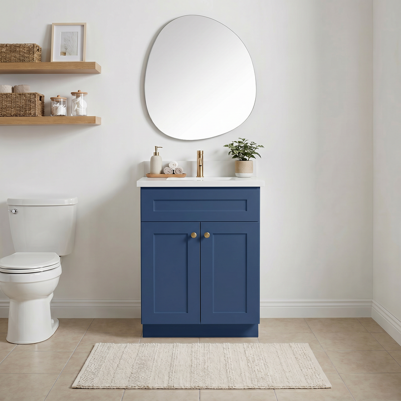 24" Navy Blue Shaker Bathroom Vanity with Quartz Top – Single Sink