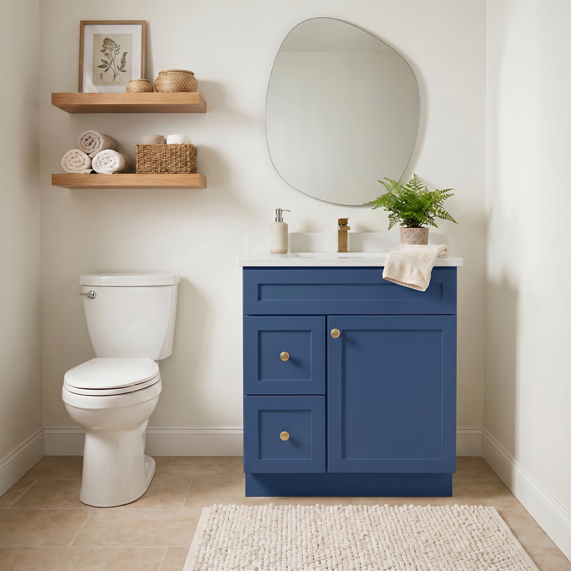30" Navy Blue Shaker Bathroom Vanity with Quartz Top – Single Sink