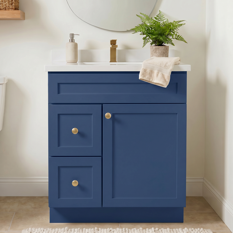 30" Navy Blue Shaker Bathroom Vanity with Quartz Top – Single Sink