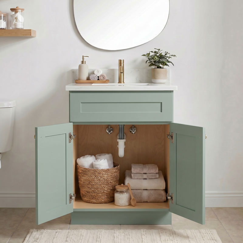24" Olive Green Shaker Bathroom Vanity with Quartz Top – Single Sink
