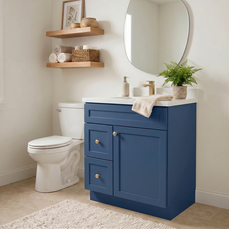 30" Navy Blue Shaker Bathroom Vanity with Quartz Top – Single Sink