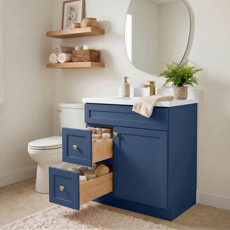 30" Navy Blue Shaker Bathroom Vanity with Quartz Top – Single Sink