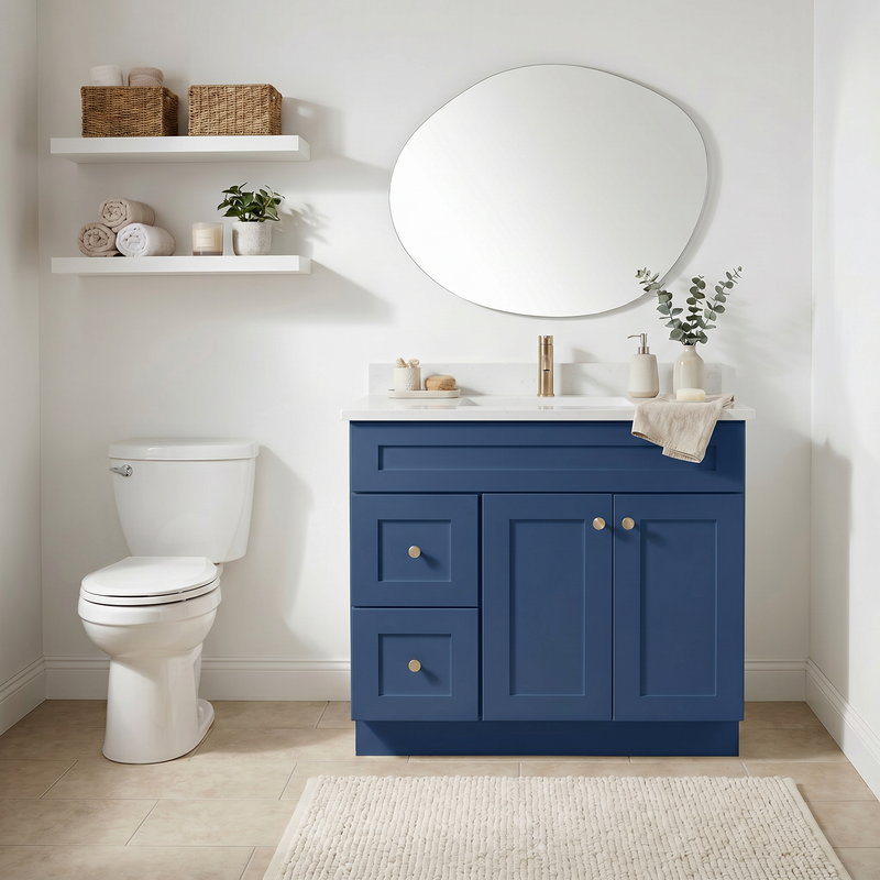 36" Navy Blue Shaker Bathroom Vanity with Quartz Top – Single Sink