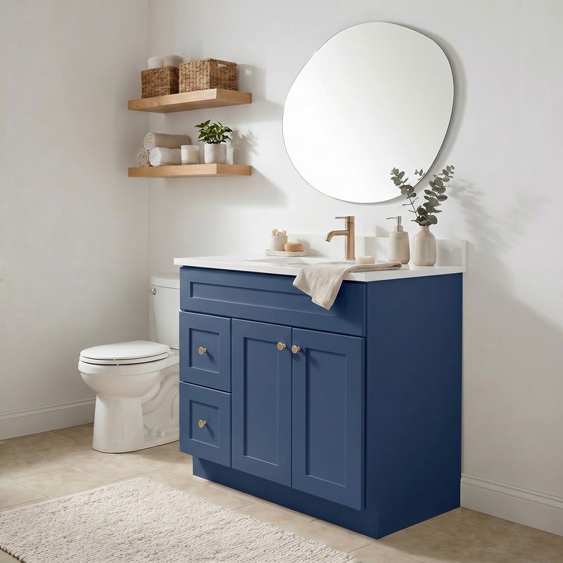 36" Navy Blue Shaker Bathroom Vanity with Quartz Top – Single Sink