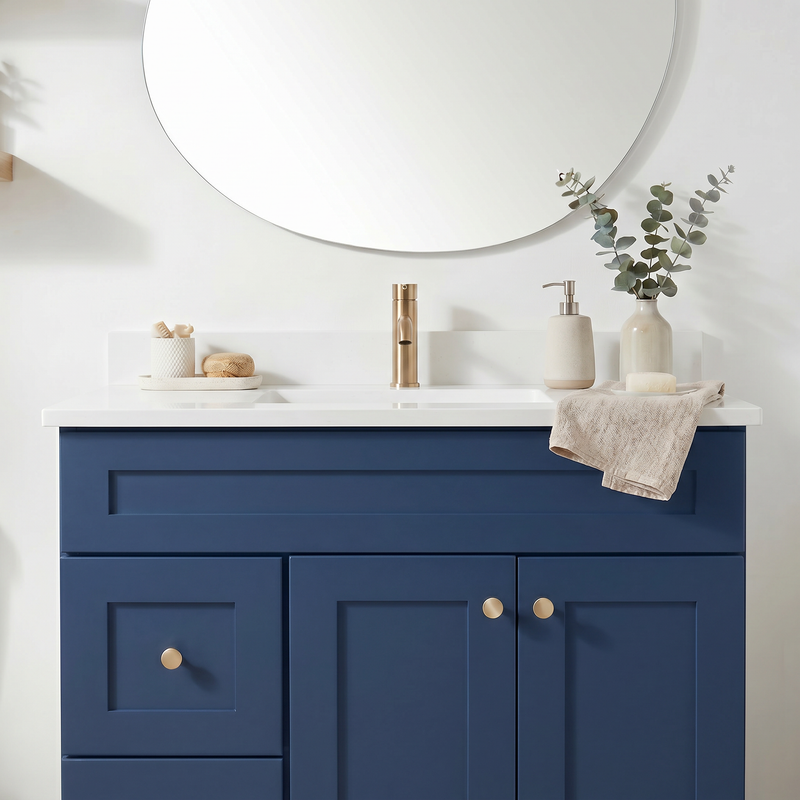 36" Navy Blue Shaker Bathroom Vanity with Quartz Top – Single Sink