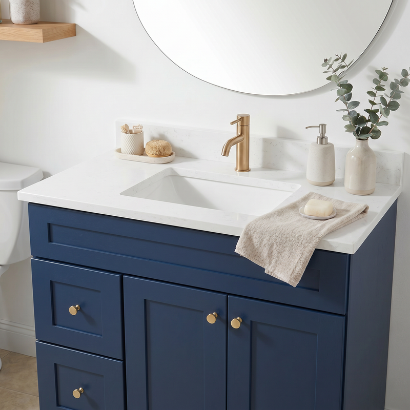 36" Navy Blue Shaker Bathroom Vanity with Quartz Top – Single Sink