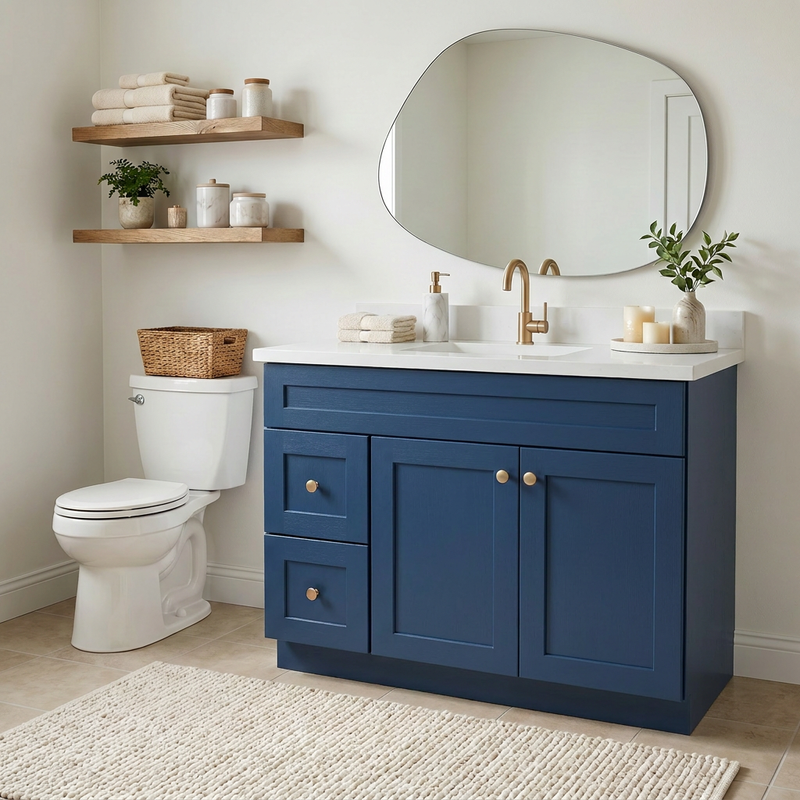 42" Navy Blue Shaker Bathroom Vanity with Quartz Top – Single Sink