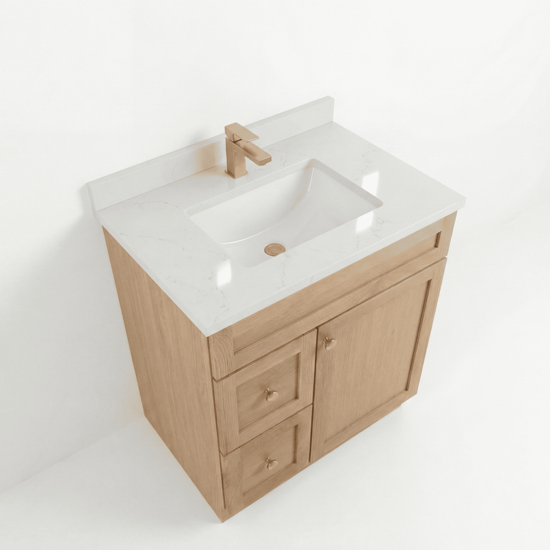 30" White Oak Shaker Bathroom Vanity with Quartz Top – Single Sink