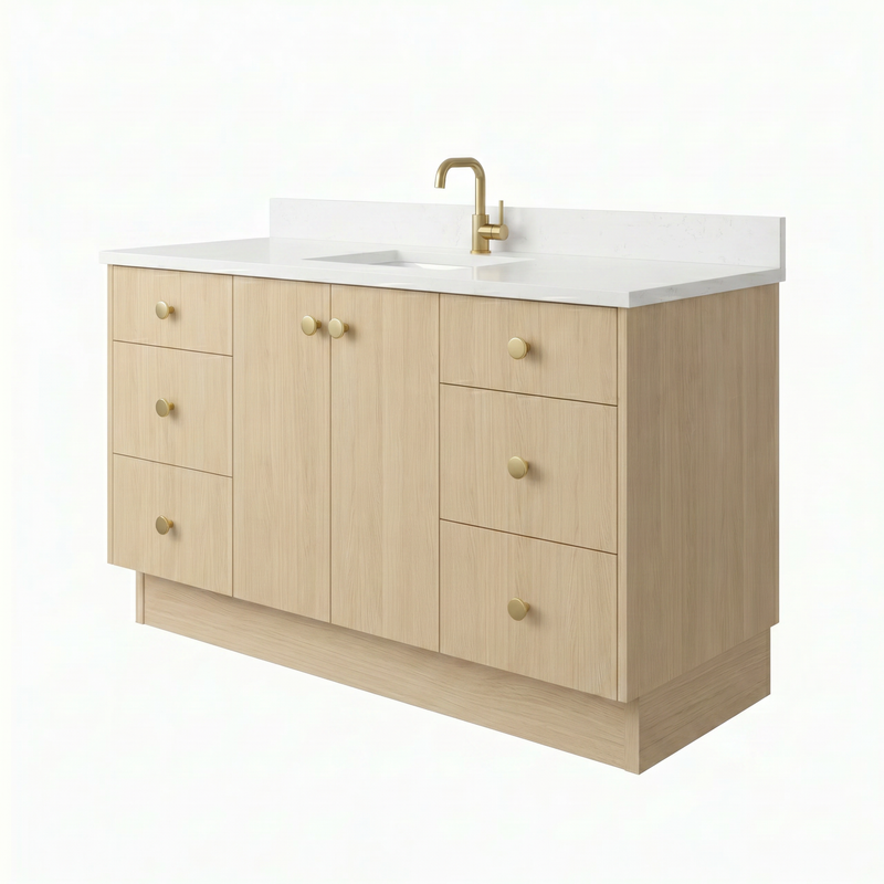 60" Milk Oak European Vanity with Quartz Top – Single Sink