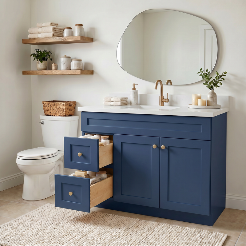 42" Navy Blue Shaker Bathroom Vanity with Quartz Top – Single Sink