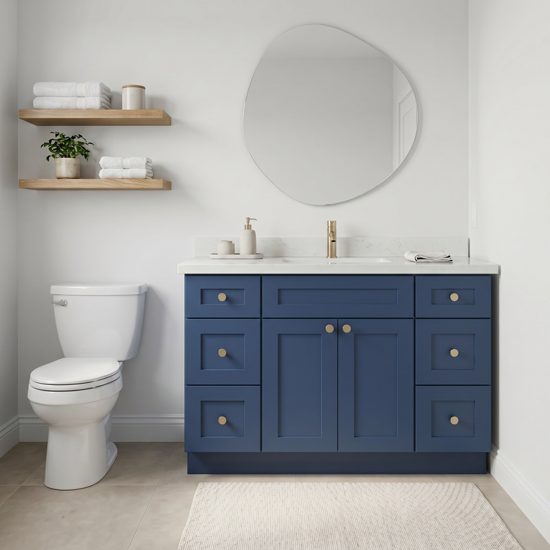 48" Navy Blue Shaker Bathroom Vanity with Quartz Top – Single Sink
