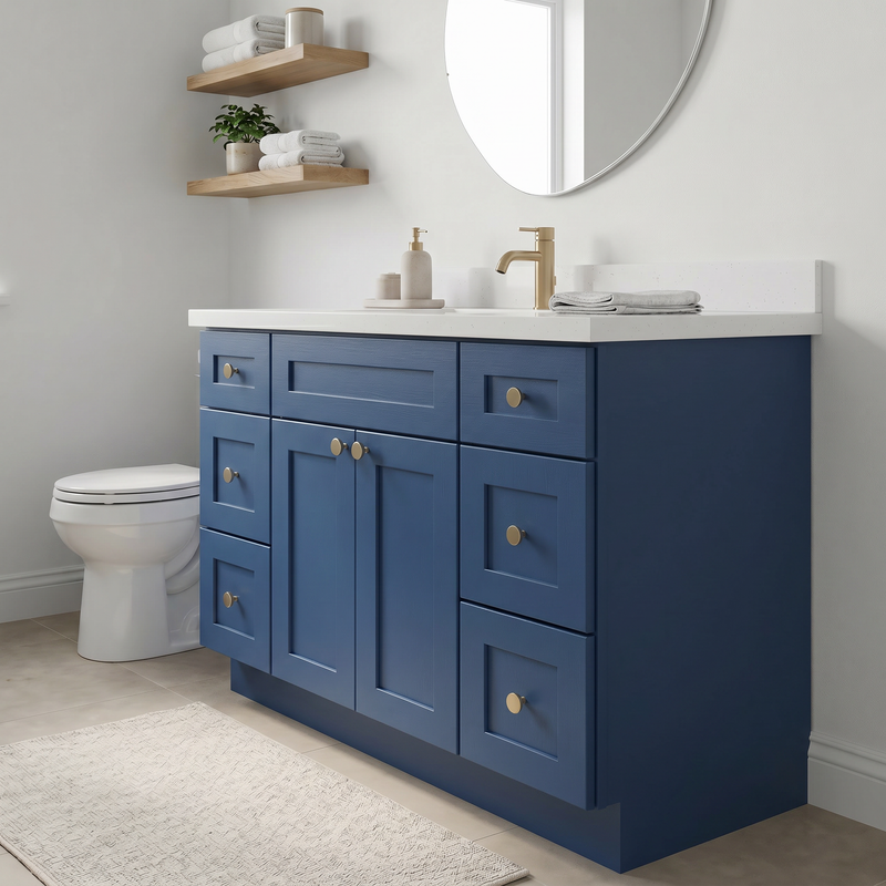 48" Navy Blue Shaker Bathroom Vanity with Quartz Top – Single Sink