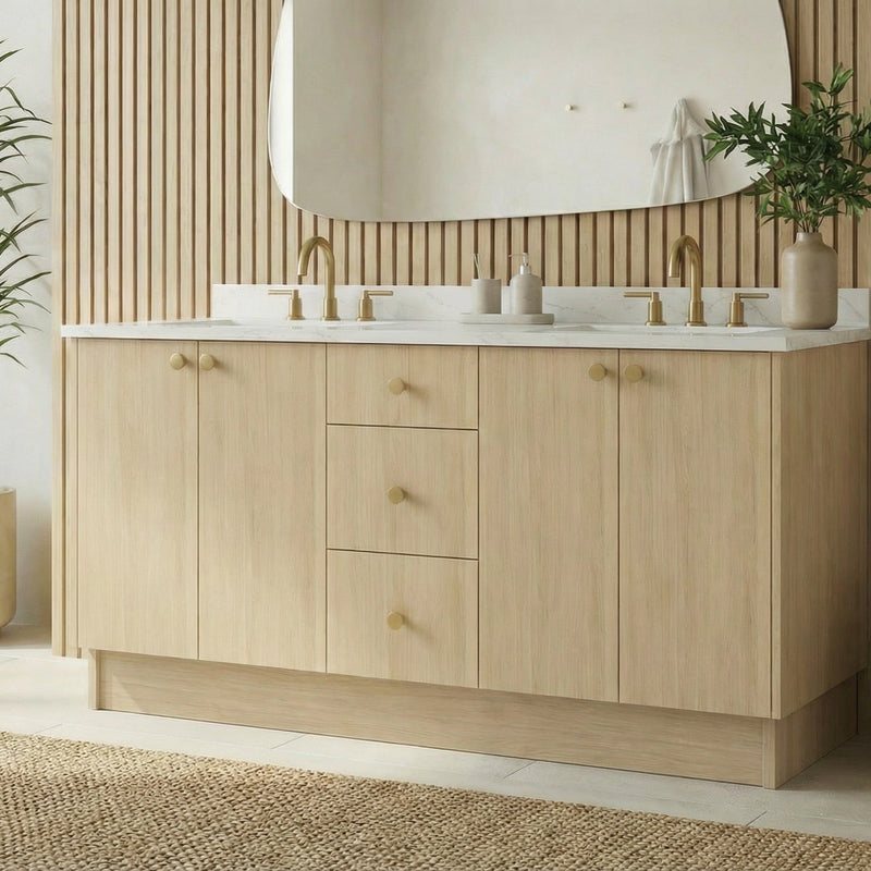 72" Milk Oak European Vanity with Quartz Top – Double Sink