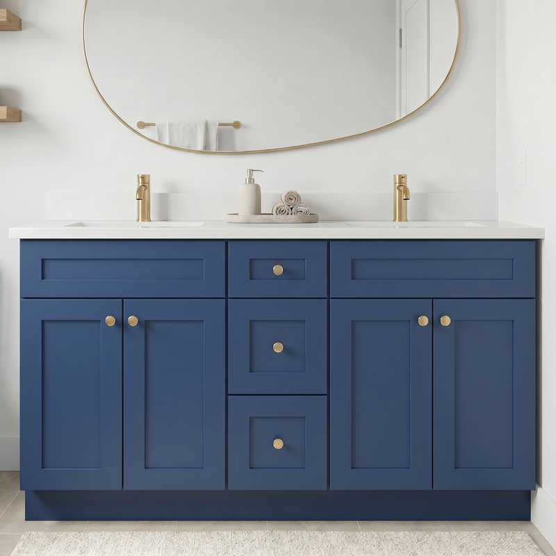 60" Navy Blue Shaker Bathroom Vanity with Quartz Top – Double Sink