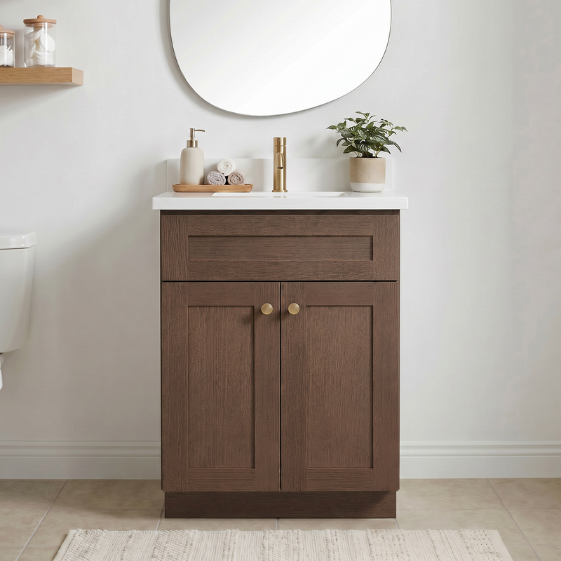 24" Coffee Bean Shaker Bathroom Vanity with Quartz Top – Single Sink