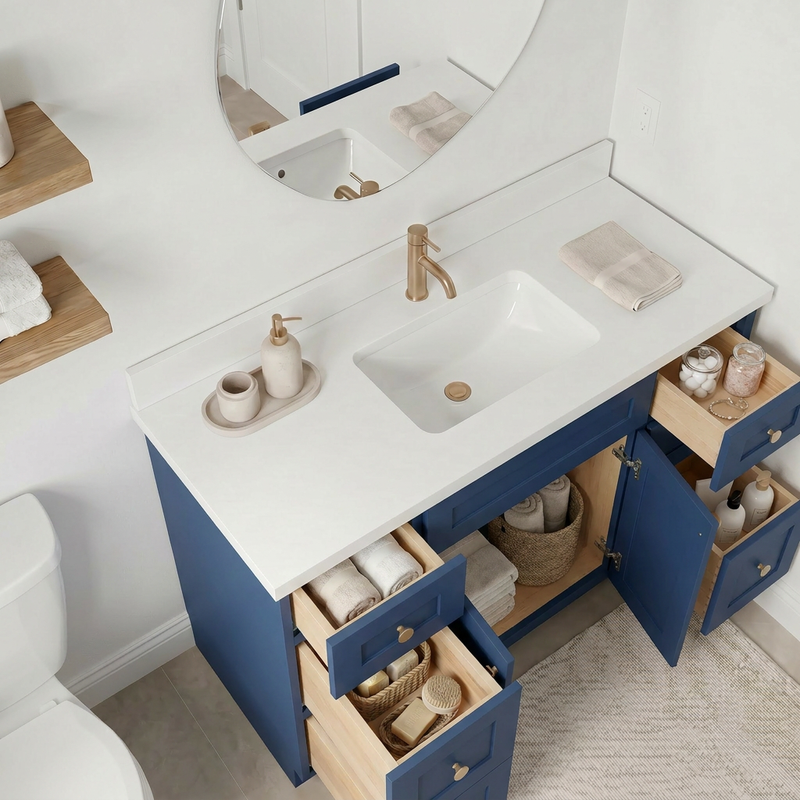 48" Navy Blue Shaker Bathroom Vanity with Quartz Top – Single Sink