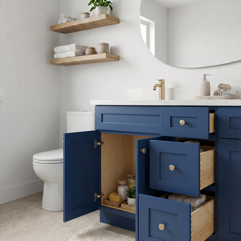 60" Navy Blue Shaker Bathroom Vanity with Quartz Top – Double Sink