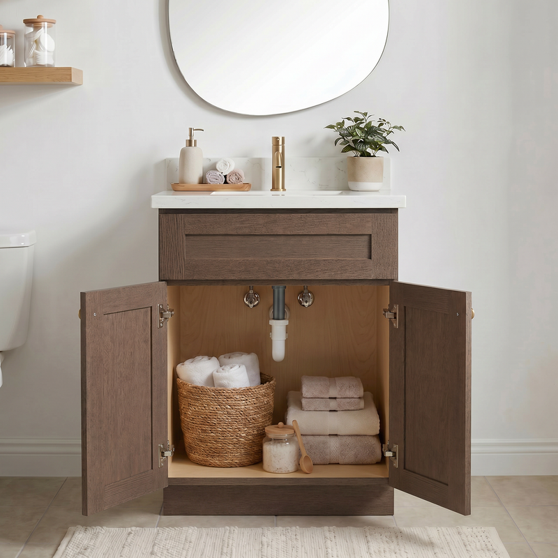 24" Coffee Bean Shaker Bathroom Vanity with Quartz Top – Single Sink