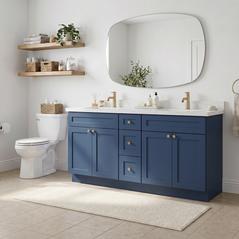 72" Navy Blue Shaker Bathroom Vanity with Quartz Top – Double Sink