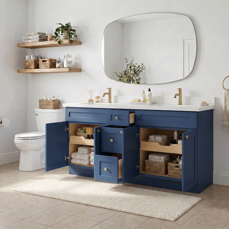 72" Navy Blue Shaker Bathroom Vanity with Quartz Top – Double Sink