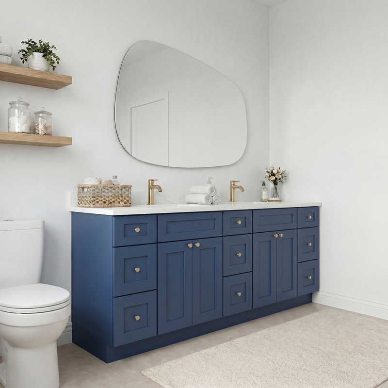 84" Navy Blue Shaker Bathroom Vanity with Quartz Top – Double Sink