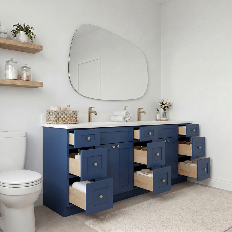 84" Navy Blue Shaker Bathroom Vanity with Quartz Top – Double Sink