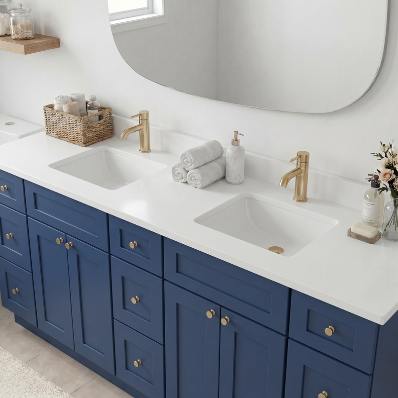 84" Navy Blue Shaker Bathroom Vanity with Quartz Top – Double Sink