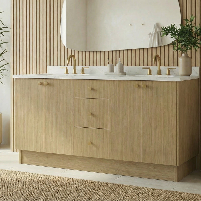72" Sahara Oak European Vanity with Quartz Top – Double Sink